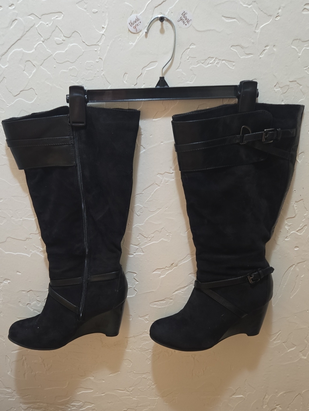 Maurices Kaye Black Suede Knee-High Wedge Boots with Strap and Buckle Accents